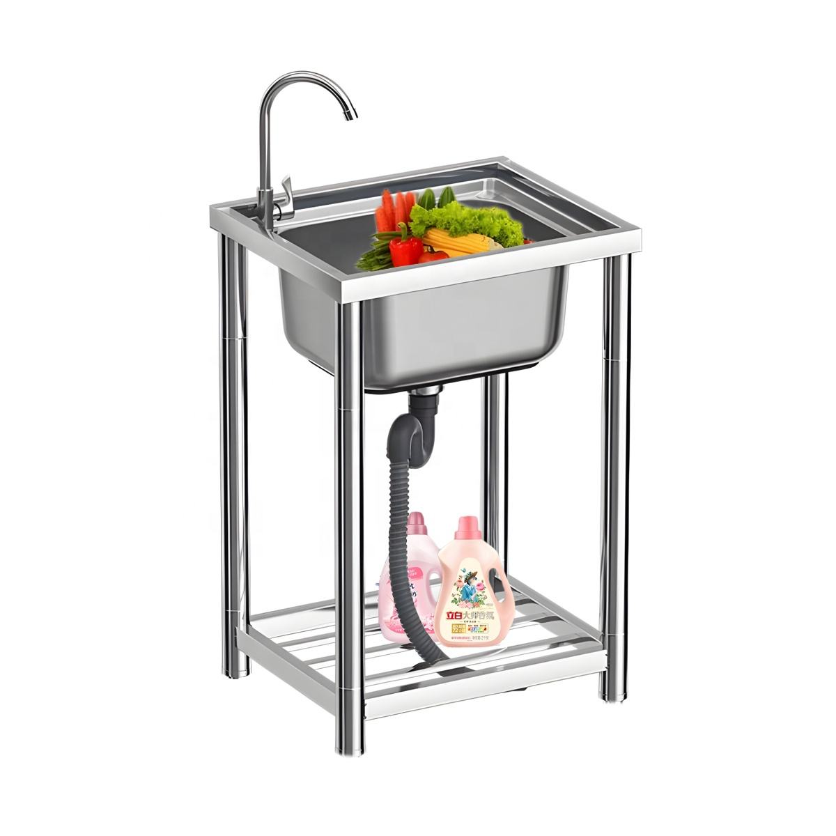 Freestanding Stainless Steel Bathroom Sink Outdoor Garden Detachable Wash Basin Kitchen Dish Sink for Household and Commercia