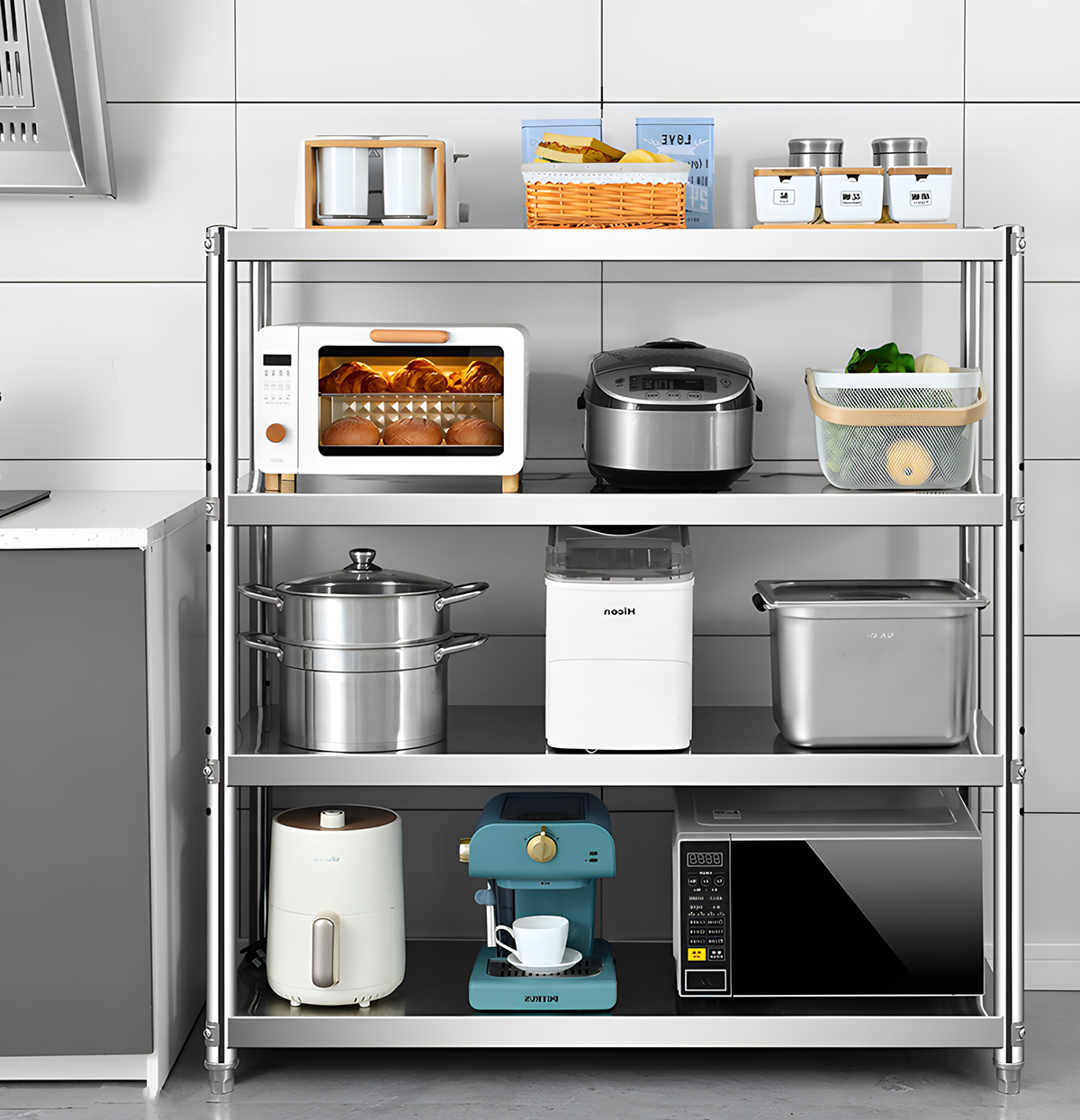 Metal stainless steel storage rack, kitchen storage artifact, suitable for family restaurants and hotels, indoor/outdoor shelving unit